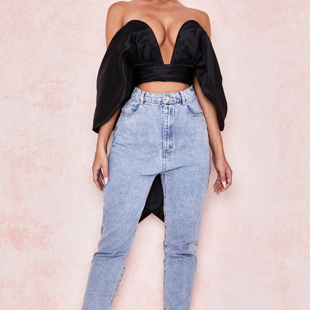HOUSE OF CB- ELISETTA BLACK SATIN PLUNGE OFF SHOULDER BUSTIER TOP